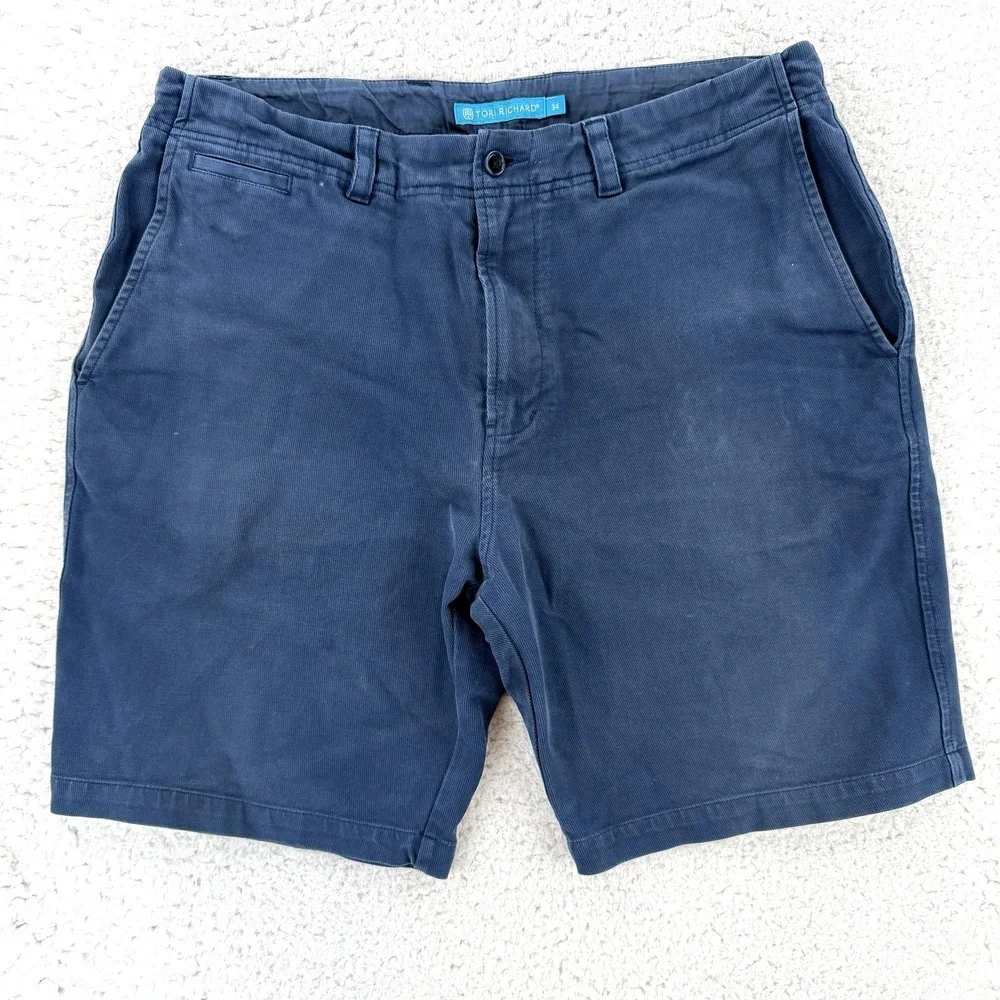 Tori Richard Shorts Mens 34 Blue Chino Stretch Flat Front 9 Inseam Casual Summer